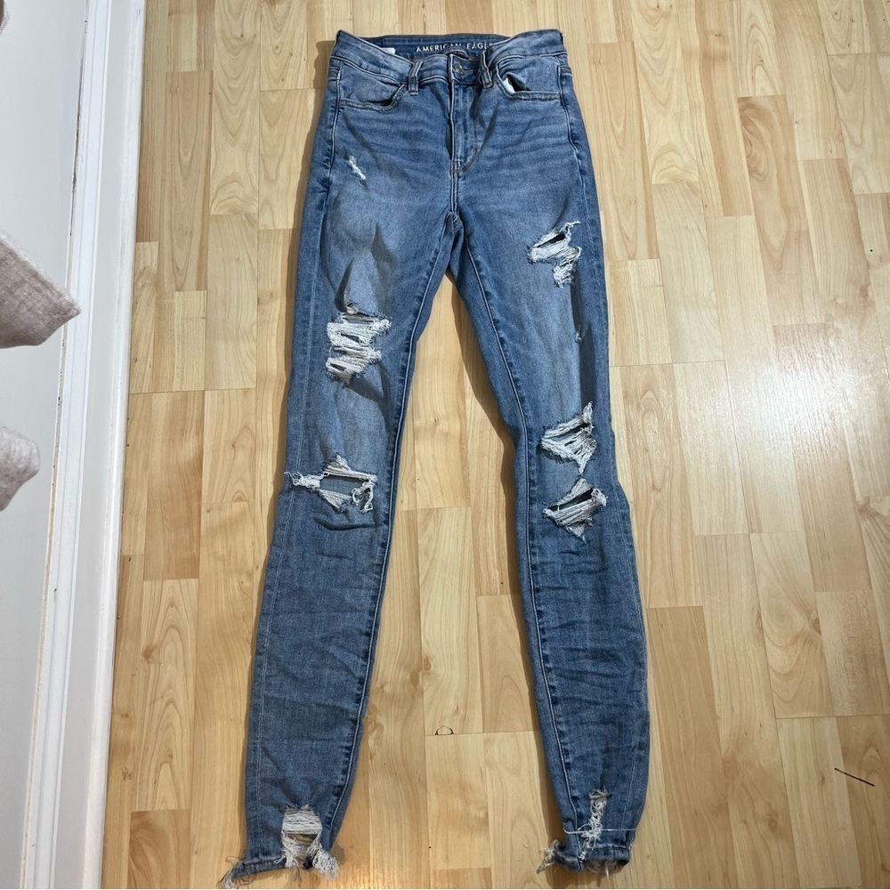 American Eagle Medium Wash Womens High Rise Distressed Jeggings Size 6 XLONG
